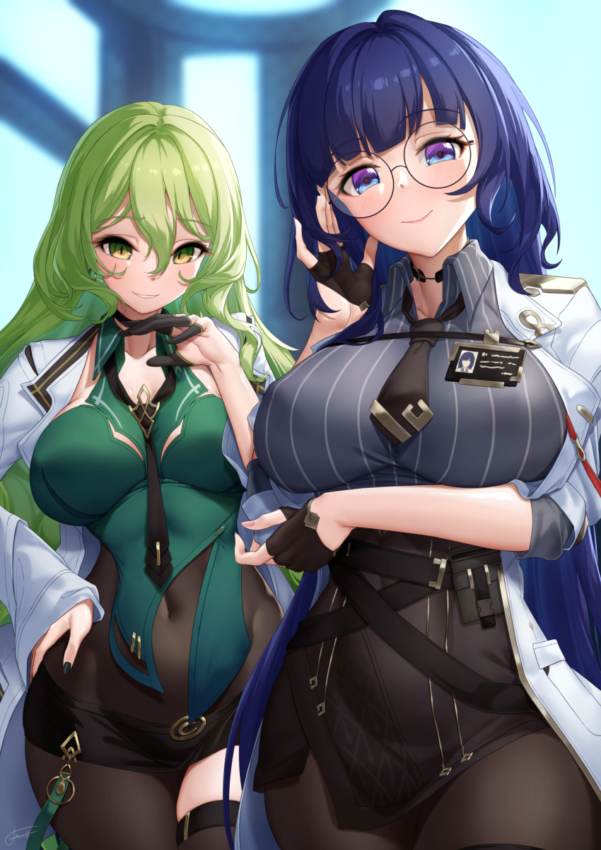 2girls arm_under_breasts black_gloves black_nails black_necktie black_pantyhose black_shirt black_shorts black_skirt breasts closed_mouth coat collared_shirt fingerless_gloves glasses gloves green_eyes green_hair green_shirt highres honkai_(series) honkai_impact_3rd id_card indoors lab_coat large_breasts long_hair looking_at_viewer mei_(honkai_impact) mobius_(honkai_impact) monitor multiple_girls nail_polish necktie pantyhose purple_eyes purple_hair shirt shorts skirt smile white_coat xfate