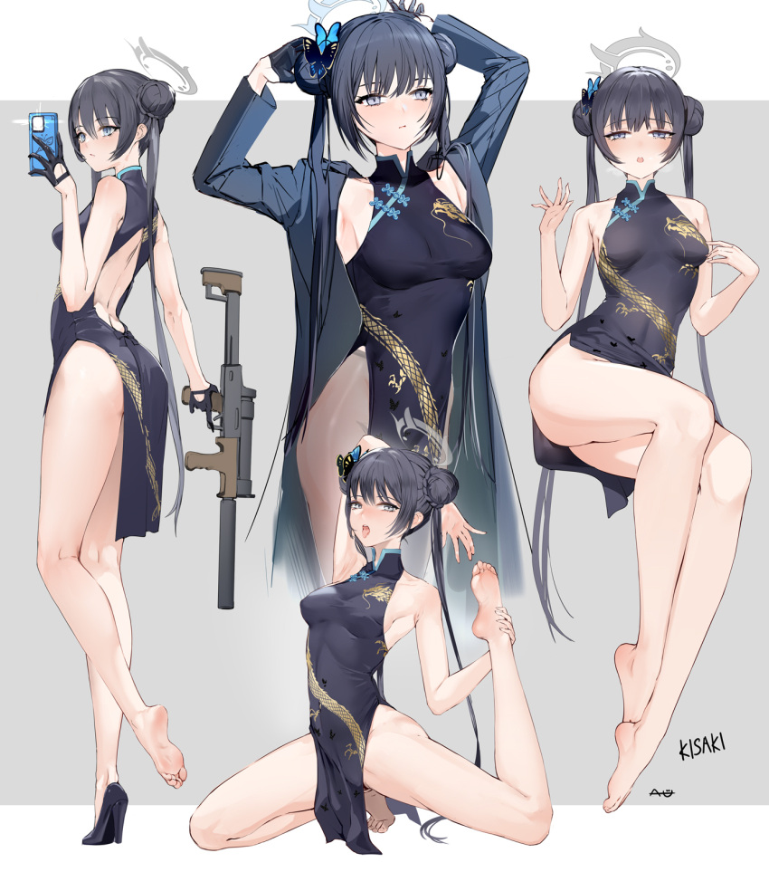 armpits arms_up au11 bare_shoulders barefoot black_dress black_gloves black_hair blue_archive breasts butterfly_hair_ornament china_dress chinese_clothes double_bun dragon_print dress feet female gloves grey_eyes hair_bun hair_ornament halo highres jacket kisaki_(blue_archive) kneepits legs long_hair looking_at_viewer multiple_views open_mouth pelvic_curtain pinstripe_jacket pinstripe_pattern print_dress sleeveless sleeveless_dress small_breasts soles striped_clothes striped_jacket toenails toes twintails vertical-striped_clothes vertical-striped_jacket