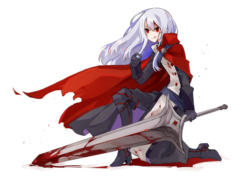 androgynous black_footwear black_gloves blood blood_on_face blood_on_weapon cape emael_(pixiv_fantasia_revenge_of_the_darkness) female full_body gloves grey_hair holding holding_sword holding_weapon licking_lips long_hair on_one_knee pixiv_fantasia pixiv_fantasia_revenge_of_the_darkness red_cape solo sword tongue tongue_out tori_(10ri) very_long_hair weapon white_background