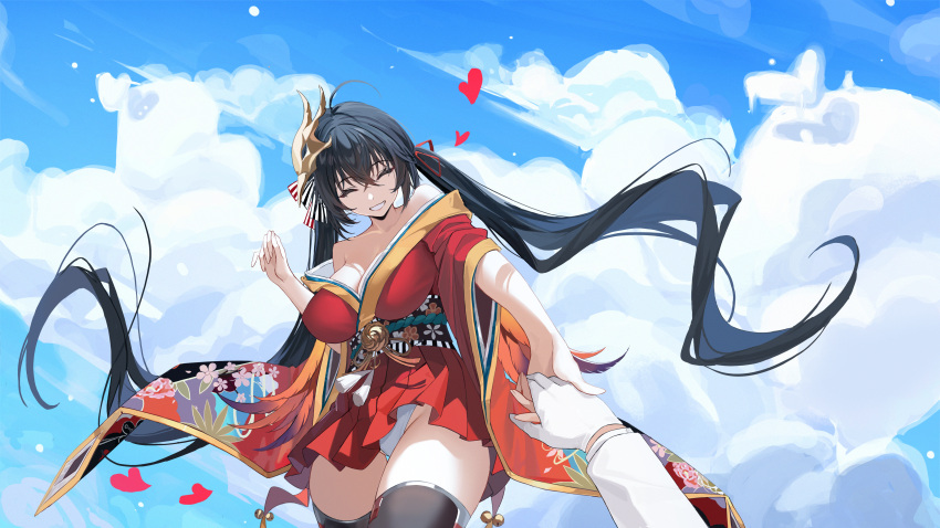 1other ^_^ absurdres awwwwys azur_lane bare_shoulders black_hair black_thighhighs blue_sky breasts cleavage closed_eyes cloud cloudy_sky crossed_bangs female from_below gloves grin hair_between_eyes heart highres holding_hands japanese_clothes kimono large_breasts long_hair mask mask_on_head military_uniform open_mouth panties pantyshot pov pov_hands reaching reaching_towards_viewer red_kimono red_skirt skirt sky smile taihou_(azur_lane) tengu_mask thighhighs twintails underwear uniform very_long_hair white_gloves white_panties wide_sleeves