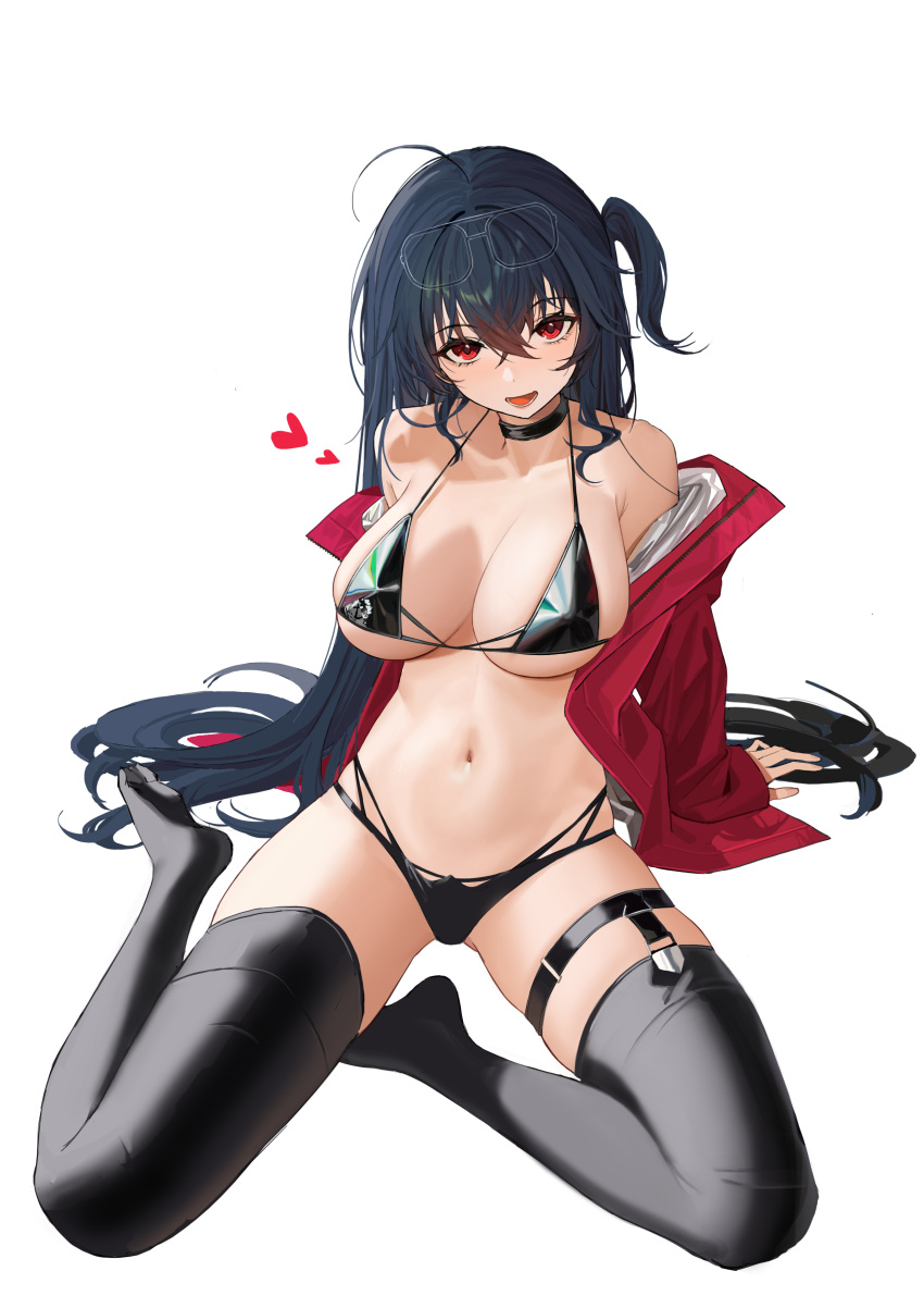 absurdres ahoge awwwwys azur_lane bare_shoulders bikini black_bikini black_choker black_hair black_thighhighs breasts choker collarbone covered_nipples crossed_bangs eyewear_on_head female full_body hair_between_eyes hand_rest heart highleg highleg_bikini highres jacket large_breasts legwear_garter long_hair looking_at_viewer micro_bikini multi-strapped_bikini_bottom multi-strapped_bikini_top navel no_shoes off_shoulder official_alternate_costume one_side_up open_clothes open_jacket open_mouth race_queen red_eyes red_jacket simple_background sitting smile solo stomach string_bikini swimsuit taihou_(azur_lane) taihou_(enraptured_companion)_(azur_lane) thigh_strap thighhighs very_long_hair white_background