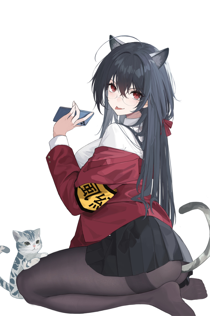 :p absurdres ahoge animal_ears armband ass awwwwys azur_lane black_hair black_pantyhose black_skirt blazer breasts buttoned_cuffs buttons cat_ears cat_tail cellphone collared_shirt crossed_bangs fake_animal_ears feline female from_side glasses hair_between_eyes hair_ribbon hand_up highres holding holding_phone jacket kemonomimi_mode large_breasts long_hair long_sleeves miniskirt official_alternate_costume pantyhose phone pleated_skirt red_eyes red_jacket red_ribbon ribbon round_eyewear school_uniform seiza shirt simple_background sitting skirt smartphone smile taihou_(azur_lane) taihou_(sweet_time_after_school)_(azur_lane) tail thighband_pantyhose tongue tongue_out white_background white_shirt