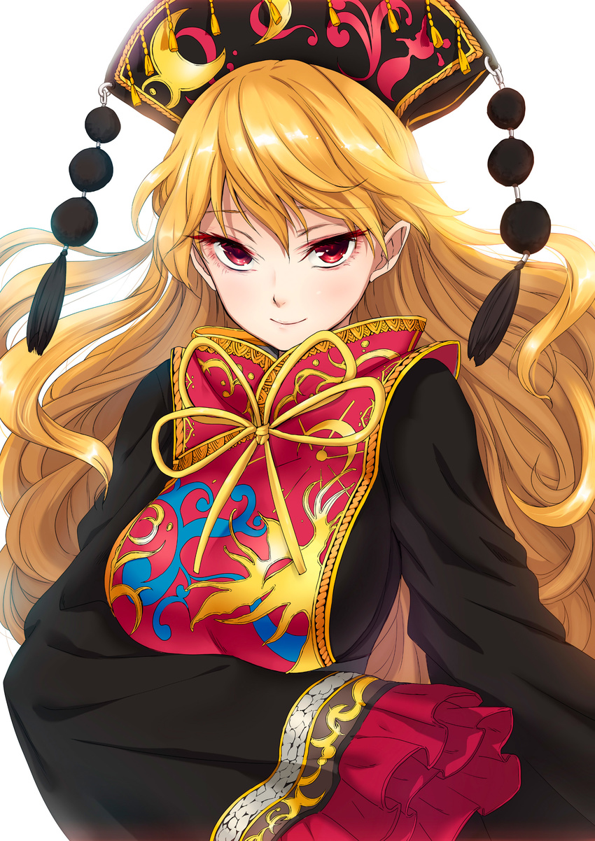 absurdres big_hair black_dress blonde_hair breasts chikado chinese_clothes colored_eyelashes colorized commentary_request derivative_work dress female floating_hair half-closed_eyes hat highres junko_(touhou) kietai_na large_breasts long_sleeves photoshop_(medium) red_eyes ribbon simple_background slit_pupils smile solo tabard touhou white_background wide_sleeves