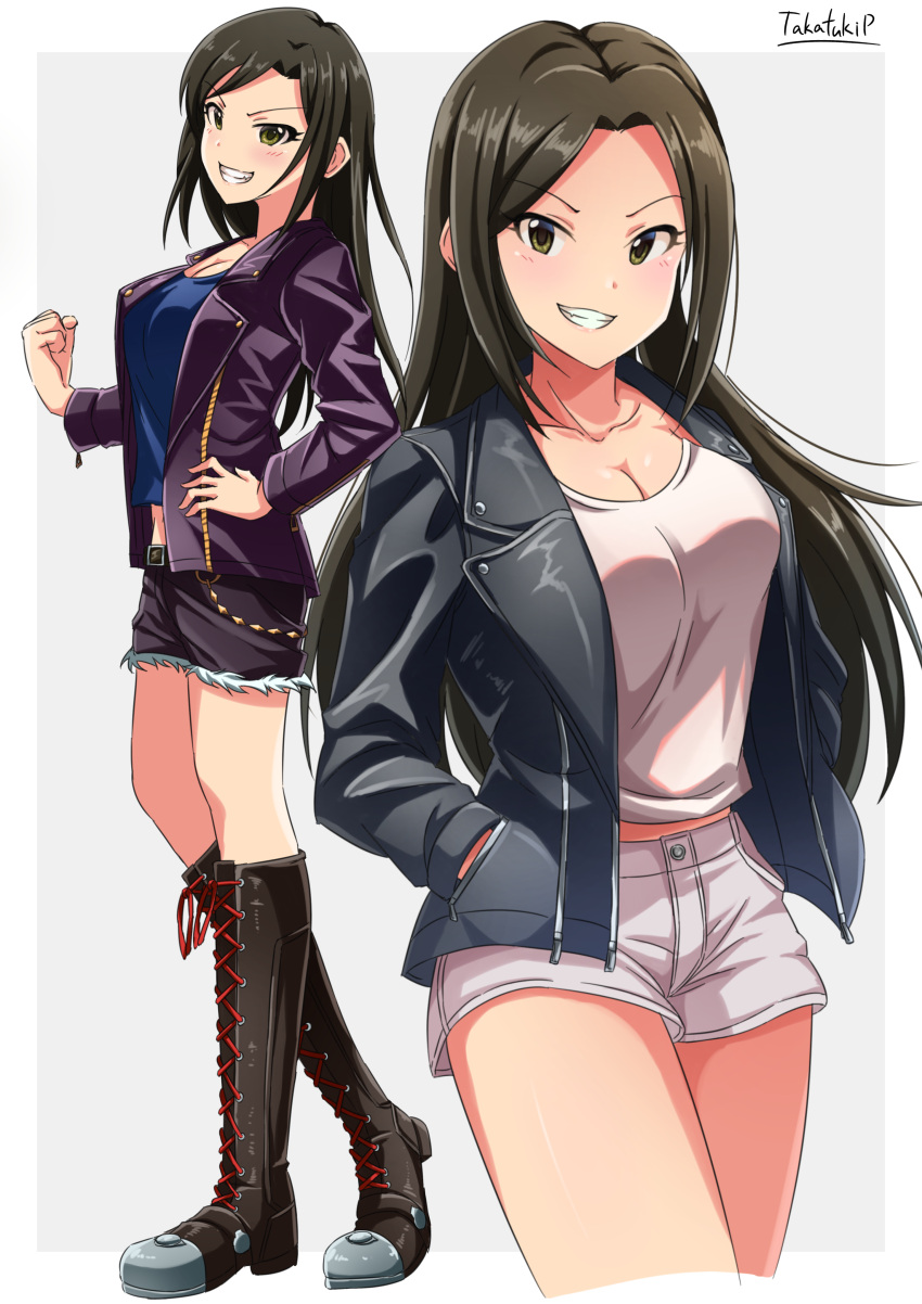 absurdres black_footwear black_shorts blue_shirt boots border breasts brown_eyes brown_hair cleavage collarbone crop_top cropped_legs cross-laced_footwear female full_body grey_background grey_jacket grin hand_in_pocket hand_on_own_hip highres idolmaster idolmaster_cinderella_girls jacket knee_boots lace-up_boots large_breasts long_hair long_sleeves looking_at_viewer midriff mukai_takumi open_clothes open_jacket purple_jacket shirt short_shorts shorts smile standing stomach takatsuki_p very_long_hair white_border white_shirt white_shorts