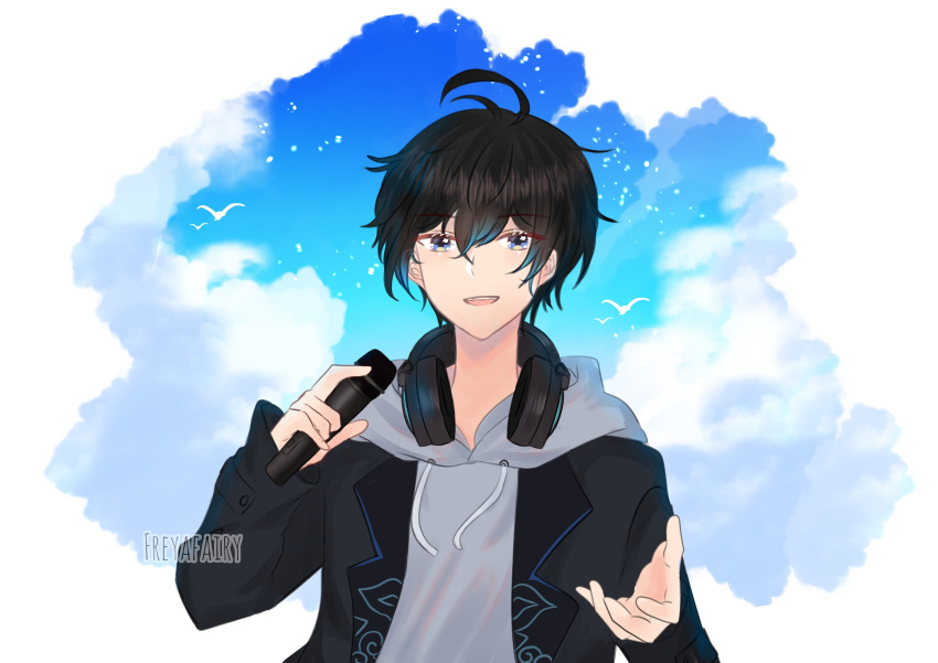 1boy :d absurdres acacia_leafs ahoge andi_adinata black_hair black_jacket blue_sky hair_between_eyes hair_ornament headphones highres jacket looking_at_viewer maha5 male_focus microphone multicolored_hair music open_mouth singing sky smile upper_body virtual_youtuber