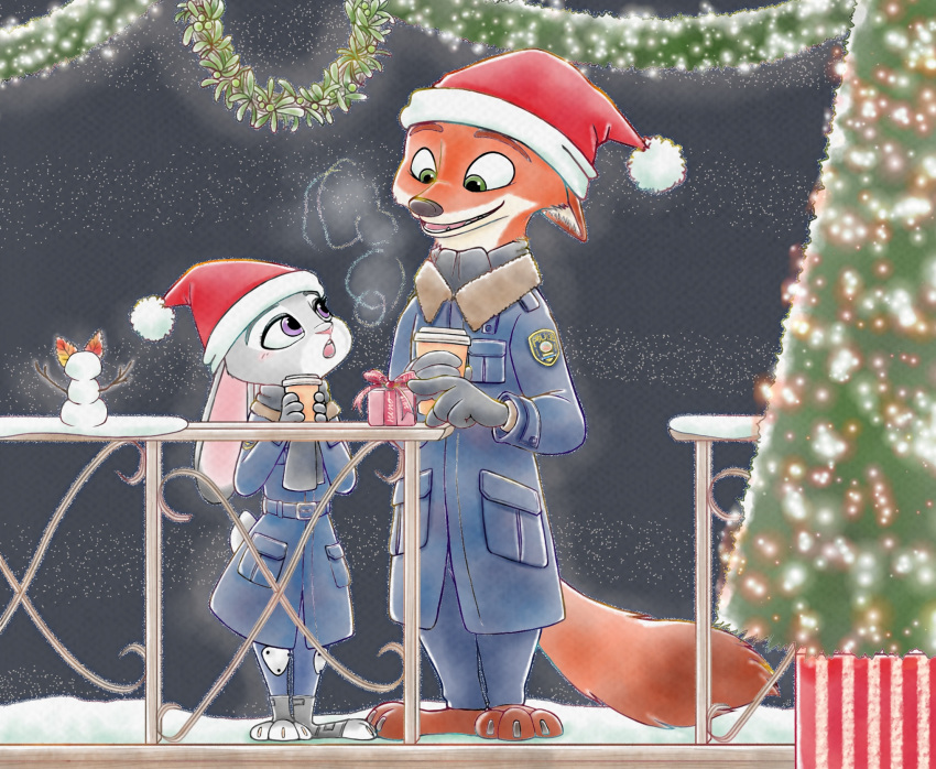 2019 anthro barefoot black_nose canid canine christmas christmas_clothing christmas_headwear christmas_tree clothed clothing coat container cup disney duo ears_down feet fox fully_clothed fur gift grey_body grey_fur hat hb_runo headgear headwear hi_res holding_container holding_cup holding_object holidays judy_hopps lagomorph leporid looking_at_another mammal nick_wilde open_mouth open_smile orange_body orange_fur pink_nose pivoted_ears plant rabbit red_fox santa_hat scut_tail short_tail smile standing tail topwear tree true_fox zootopia