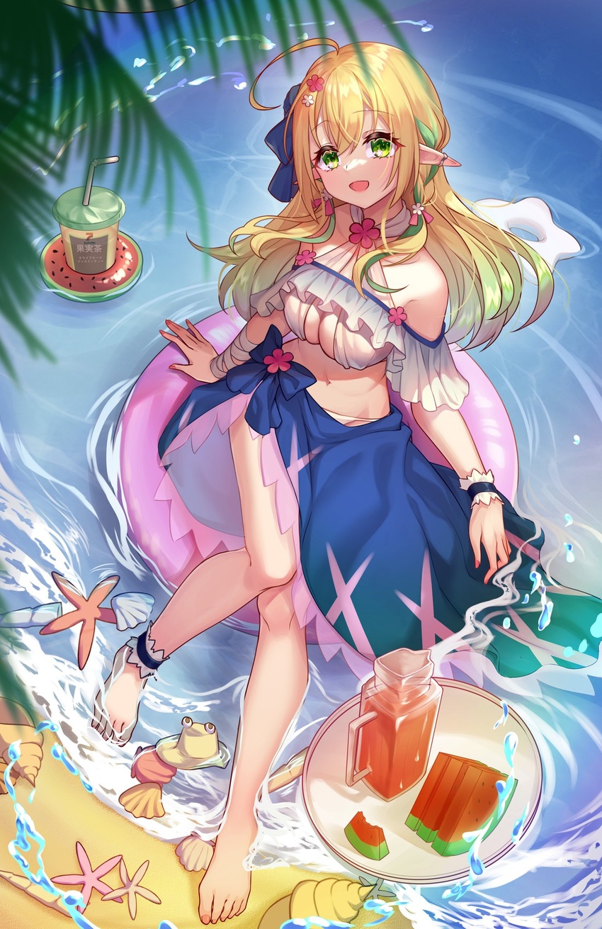 7-eleven :d ahoge ankle_garter bandaged_arm bandages bare_shoulders barefoot beach bikini blonde_hair blue_bow blue_skirt bow breasts clam commentary_request cup drinking_straw female flower food frilled_shrug frills from_above fruit gradient_hair green_eyes green_hair hair_flower hair_ornament halterneck happy highres innertube jar multicolored_hair murasaki_satori navel outdoors palm_leaf pink_innertube pointy_ears pyonta ripples sand saohime_yue second-party_source see-through shrug_(clothing) single_wrist_cuff sitting skirt smile solo splashing starfish swim_ring swimsuit touhou virtual_youtuber wactor_production water watermelon watermelon_slice white_bikini wrist_cuffs