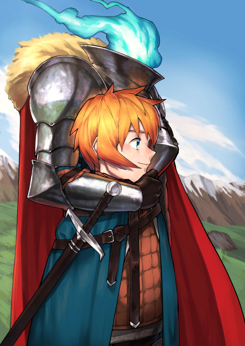 armor belt blue_eyes blue_fire cape commentary_request demi-chan_wa_kataritai disembodied_head dullahan eringi25 fantasy female fire fur_trim grasslands highres holding_head knight machi_kyouko mountain orange_hair plate_armor sheath sheathed short_hair shoulder_armor smile solo sword vambraces very_short_hair weapon