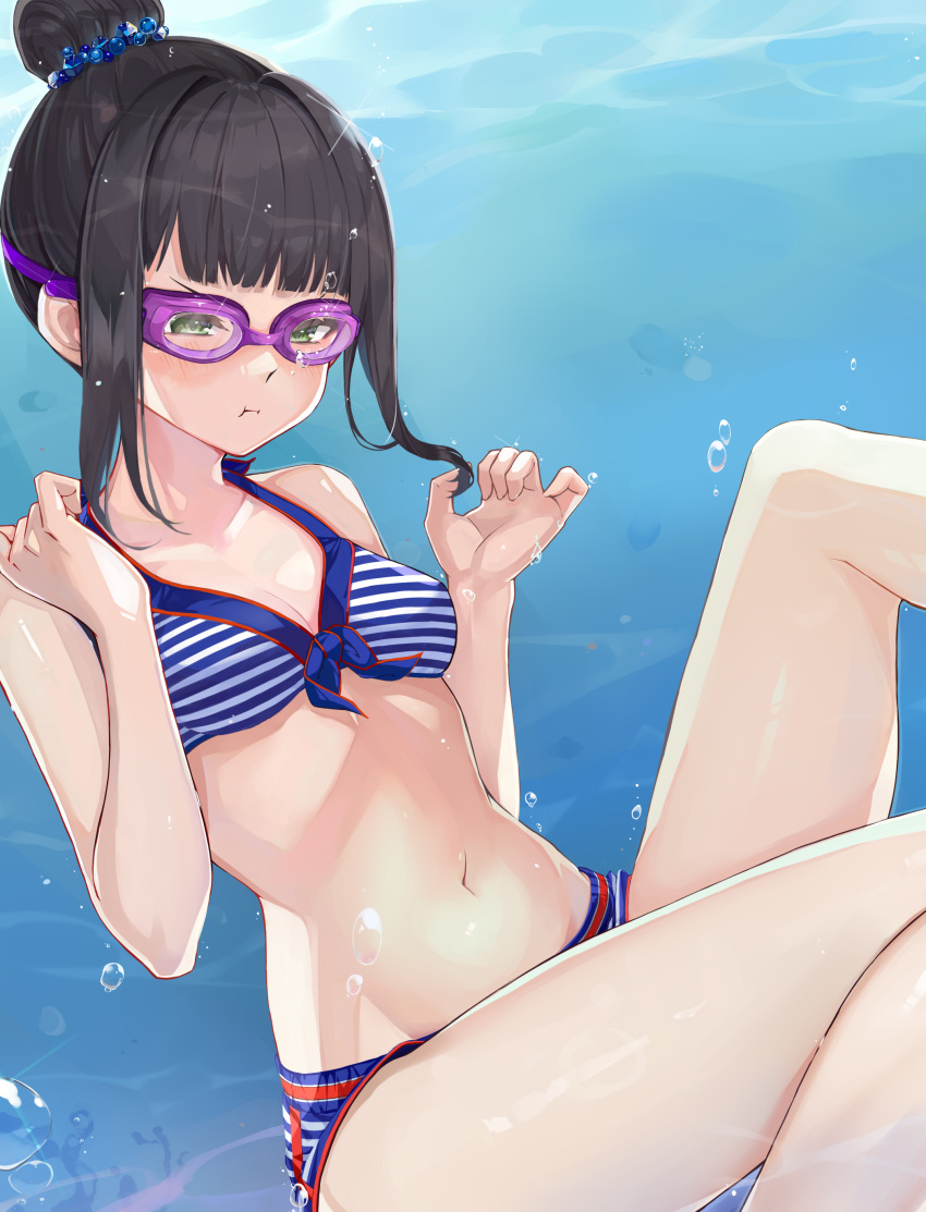 absurdres air_bubble bikini black_hair blush breasts bubble commission female freediving goggles goggles_on_eyes green_eyes hair_bun hamaguchi_ayame highres holding_breath idashige_(walkietalkie) idolmaster idolmaster_cinderella_girls long_hair navel ocean pixiv_commission puffy_cheeks single_hair_bun small_breasts sparkle swimming swimsuit underwater