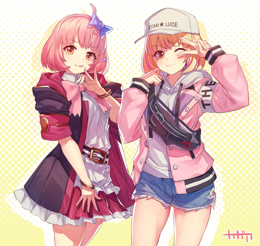 2girls :q ;) absurdres arpeggio_kaga artist_name baseball_cap belt black_belt black_coat blonde_hair blouse blue_bow bow bowtie bracelet brown_eyes chieru_(princess_connect!) chieru_(real)_(princess_connect!) closed_mouth clothes_writing coat collared_shirt commentary_request commission cowboy_shot cutoffs denim denim_shorts drawstring dual_persona english_text fanny_pack frilled_coat frilled_skirt frills hair_ornament hairbow hat highres hood hood_down hooded_coat hoodie jacket jewelry long_sleeves looking_at_viewer mikuru_beam miniskirt multiple_girls one_eye_closed open_clothes partial_commentary pink_bow pink_bowtie pink_hair pink_jacket pleated_skirt princess_connect! red_skirt school_uniform shirt short_hair short_shorts short_sleeves shorts side-by-side signature skeb_commission skirt smile st._theresa's_girls_academy_school_uniform standing star-shaped_pupils star_(symbol) star_hair_ornament symbol-shaped_pupils tongue tongue_out torn_clothes torn_shorts v waving white_headwear white_hoodie white_shirt wing_collar yellow_background