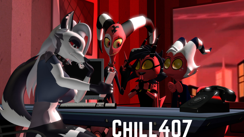 16:9 3d_(artwork) blitzo_(helluva_boss) bored canid canid_demon canine chill407 demon digital_media_(artwork) electronics female group hell hellhound helluva_boss hi_res humanoid imp loona_(helluva_boss) male mammal millie_(helluva_boss) moxxie_(helluva_boss) mythological_canine mythological_creature mythology office phone source_filmmaker_(artwork) widescreen