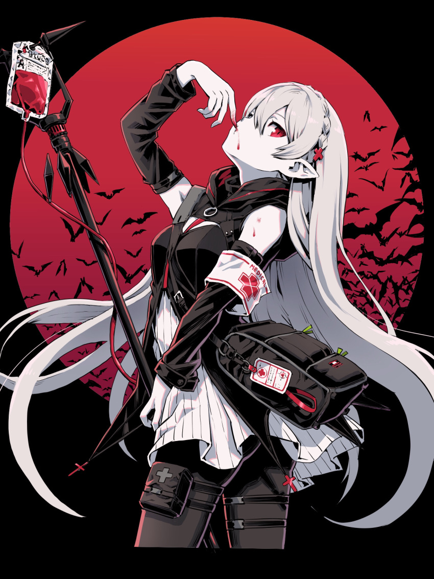 arknights arm_up armband bag bare_shoulders bat_(animal) black_dress black_pantyhose blood blood_bag blood_from_mouth blood_on_face braid cross crown_braid detached_sleeves dress female grey_hair hair_between_eyes hair_ornament highres holding holding_staff hood hood_down long_hair looking_at_viewer pale_skin pantyhose pointy_ears pouch red_eyes shoulder_bag simple_background sleeveless sleeveless_dress slit_pupils solo staff ume_(yume_uta_da) vampire very_long_hair warfarin_(arknights)