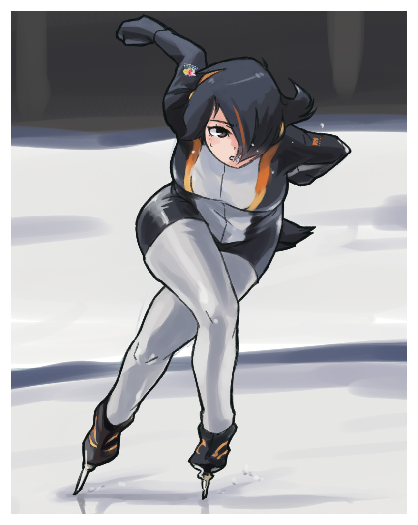 absurdres action adapted_costume black_hair commentary emperor_penguin_(kemono_friends) female hair_over_one_eye highres kemono_friends multicolored_hair orange_hair penguin_tail short_hair skates skating skating_rink solo speed_skating streaked_hair tail toriny unitard