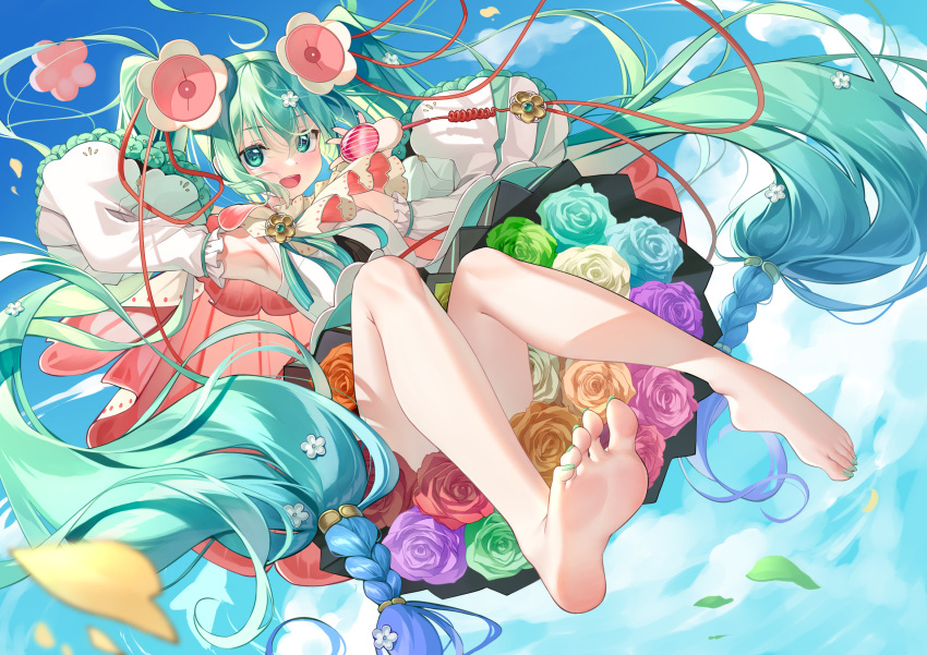 :d aqua_eyes aqua_hair arm_up armpits bare_legs barefoot blue_flower blue_rose blush braid commentary detached_sleeves dress feet female flower flower_underskirt from_below full_body green_flower green_nails green_rose hair_between_eyes hair_flower hair_ornament hair_ribbon hand_up hatsune_miku headset highres holding holding_microphone long_hair long_sleeves looking_at_viewer magical_mirai_(vocaloid) magical_mirai_miku magical_mirai_miku_(2021) meion microphone nail_polish open_mouth orange_flower orange_rose petals pink_flower pink_rose purple_flower purple_rose red_flower red_ribbon red_rose revision ribbon rose smile soles solo spring_onion thighhighs toenail_polish toenails toes twintails very_long_hair vocaloid white_dress white_flower white_rose wide_sleeves