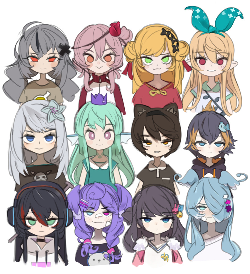 6+girls aged_down ban_hada bandaid bandaid_on_face bandaid_on_nose black_hair black_shirt blonde_hair blue_eyes blue_hair blush braid bright_pupils brown_hair brown_shirt collarbone collared_shirt crown double_bun elira_pendora elira_pendora_(1st_costume) expressionless finana_ryugu fins fish_girl fish_hair_ornament flower frown green_eyes green_hair grey_hair hair_bun hair_flower hair_ornament hair_over_one_eye hairclip head_fins head_wings heterochromia highres hood hoodie hyona_elatiora jacket jitome long_hair looking_at_viewer mika_melatika multicolored_clothes multicolored_hair multicolored_jacket multiple_girls nijisanji nijisanji_en nijisanji_id nijisanji_kr off_shoulder one_eye_covered onionsketch panther_ears petra_gurin pink_hair pink_jacket pink_shirt plant pointy_ears pomu_rainpuff pomu_rainpuff_(1st_costume) purple_eyes purple_hair red_eyes red_flower red_hair red_jacket rosemi_lovelock seffyna selen_tatsuki selen_tatsuki_(1st_costume) shirt short_sidetail single_side_bun smile song_mia stitched streaked_hair sweater thorns track_jacket twin_braids two-tone_jacket vines virtual_youtuber white_hoodie white_jacket white_pupils white_shirt white_sweater wings xia_ekavira