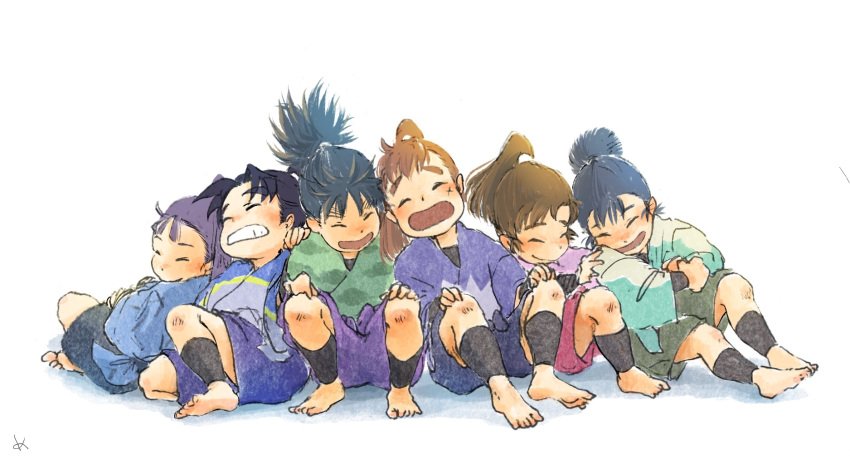 6+boys ^_^ aged_down arm_guards barefoot black_hair brown_hair closed_eyes facing_viewer full_body grin hand_on_another's_shoulder hands_on_own_knees happy highres indian_style japanese_clothes kema_tomesaburou knee_up knees_up laughing leaning_back leaning_on_person leaning_to_the_side lineup lolicon male_focus mememe225 multiple_boys nakazaike_chouji nanamatsu_koheita open_mouth ponytail rakudai_ninja_rantarou shin_guards shioe_monjirou side-by-side sitting smile tachibana_senzou white_background zenpouji_isaku