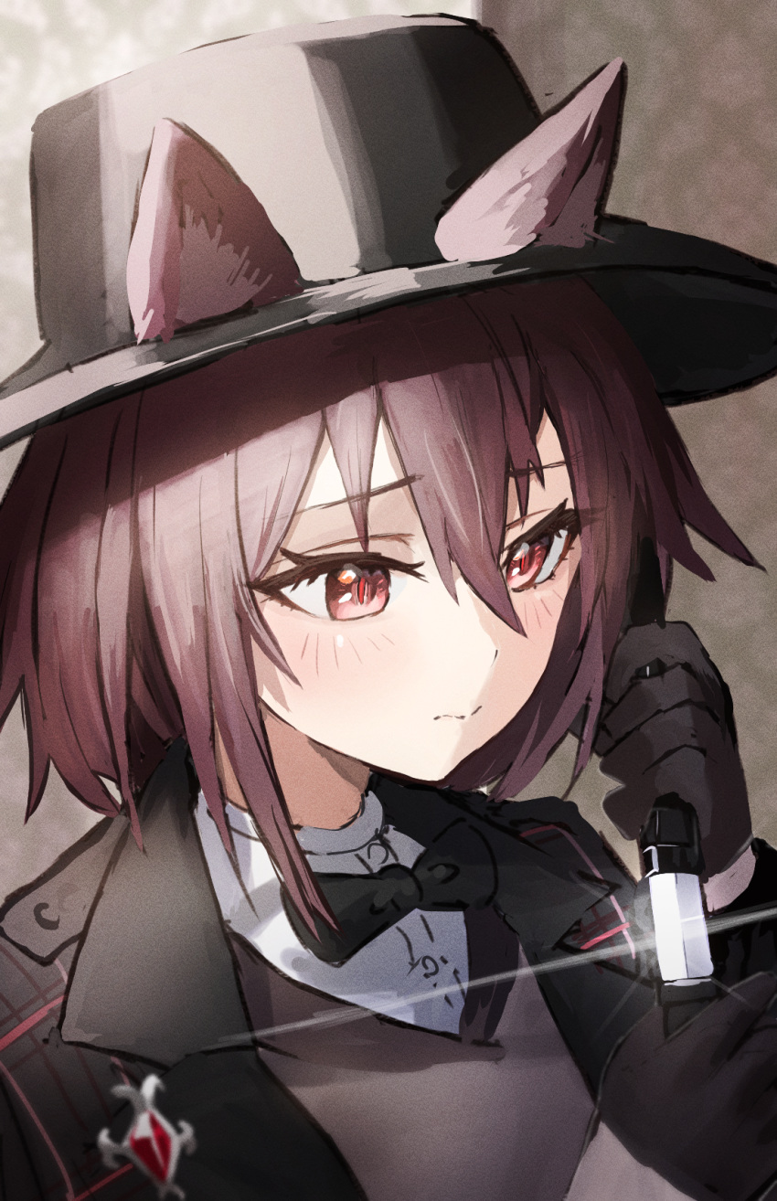 animal_ear_fluff animal_ears arknights black_bow black_bowtie black_gloves black_hat black_jacket blush bow bowtie cat_ears closed_mouth dagger ears_through_headwear fedora female glint gloves hair_between_eyes hat highres holding holding_weapon horn/wood jacket knife lens_flare melantha_(arknights) melantha_(letters_from_wessex)_(arknights) official_alternate_costume open_clothes open_jacket purple_hair red_eyes short_hair solo upper_body weapon