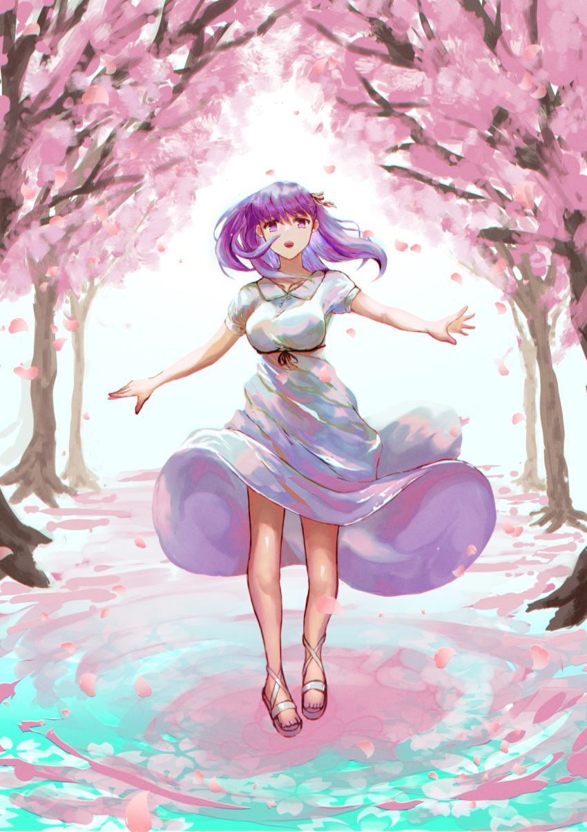 :d black_ribbon cherry_blossoms dress fate/stay_night fate_(series) female floating_hair full_body highres long_dress long_hair looking_at_viewer matou_sakura official_alternate_costume open_mouth outstretched_arms purple_eyes purple_hair ribbon short_sleeves smile solo sundress tsugu0302 white_background white_dress