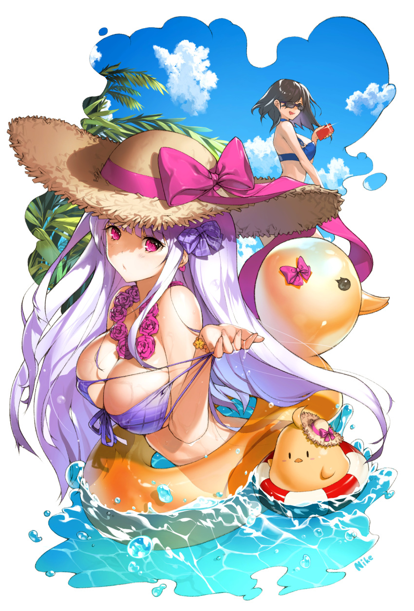 2girls absurdres ark_royal_(azur_lane) ark_royal_(coast_watcher)_(azur_lane) azur_lane bare_shoulders bikini bird black_hair blue_bikini bow bracelet breasts chick choker cleavage cygnet_(azur_lane) cygnet_(sea_star_on_shore)_(azur_lane) earrings flower flower_necklace front-tie_bikini_top front-tie_top glint hairbow hat highres holding innertube jewelry large_breasts lifebuoy long_hair looking_at_viewer manjuu_(azur_lane) multiple_girls necklace nike_(nike1060) official_alternate_costume phone photoshop_(medium) pink_bow pink_eyes pink_flower purple_bikini rose strap_pull straw_hat sunglasses swim_ring swimsuit water wet white_hair