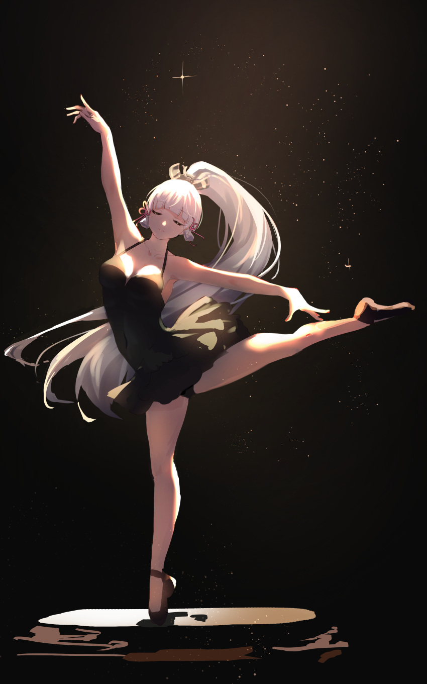 absurdres arabesque_(pose) arm_up ballerina ballet ballet_slippers black_dress black_leotard blunt_bangs breasts closed_eyes closed_mouth covered_navel dress en_pointe female floating_hair genshin_impact hair_ornament hair_ribbon highres kamisato_ayaka kong_ting legs leotard leotard_peek leotard_under_clothes light_particles long_hair medium_breasts outstretched_arms ponytail ribbon shoes short_dress sidelocks solo standing standing_on_one_leg thighs tress_ribbon tutu very_long_hair