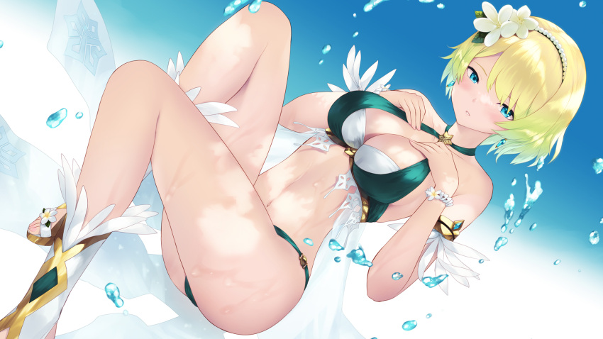 armlet bare_shoulders bikini blonde_hair blue_eyes blush breasts cait_aron cleavage collarbone commentary feather_trim female fire_emblem fire_emblem_heroes fjorm_(fire_emblem) fjorm_(summer)_(fire_emblem) flower gradient_hair green_bikini hair_flower hair_ornament hairband highres large_breasts looking_at_viewer multicolored_hair navel official_alternate_costume short_hair solo swimsuit