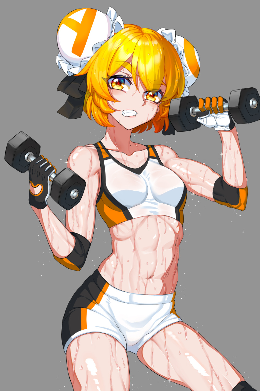 abs absurdres acfun acfun_girl bare_shoulders black_bow black_gloves blonde_hair bow breasts bun_cover clenched_teeth collarbone cowboy_shot double_bun dumbbell elbow_pads exercising female gloves grey_background hair_bun hairbow hands_up highres holding_dumbbell knee_pads lyon5 muscular muscular_female navel short_hair short_shorts shorts small_breasts solo sports_bra stomach sweat teeth thick_eyebrows two-tone_gloves v-shaped_eyebrows very_sweaty weightlifting wet wet_clothes white_gloves white_shorts white_sports_bra yellow_eyes