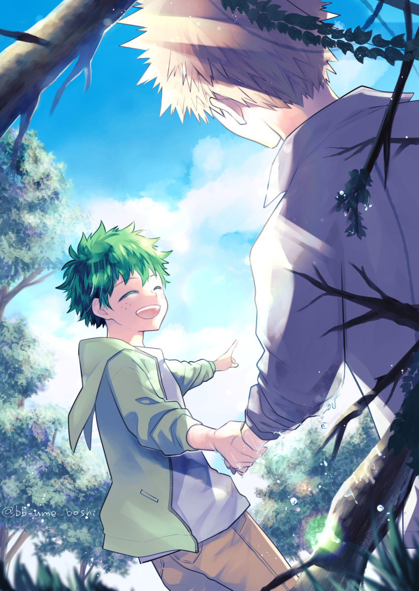 2boys bakugou_katsuki blonde_hair blurry blurry_foreground boku_no_hero_academia branch closed_eyes cloud collared_shirt day depth_of_field dew_drop dutch_angle fisheye freckles grass green_hair highres holding_another's_wrist leaf male_focus midoriya_izuku multiple_boys open_mouth outdoors shirt sky spiked_hair tree twitter_username ume_(326310) water_drop white_shirt