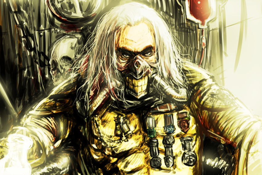 1boy armor blood blood_bag bottle chains commentary_request immortan_joe long_hair looking_at_viewer mad_max mad_max:_fury_road male_focus mask medal mouth_mask old old_man otemoto_(baaaaloooo) skull solo upper_body white_hair