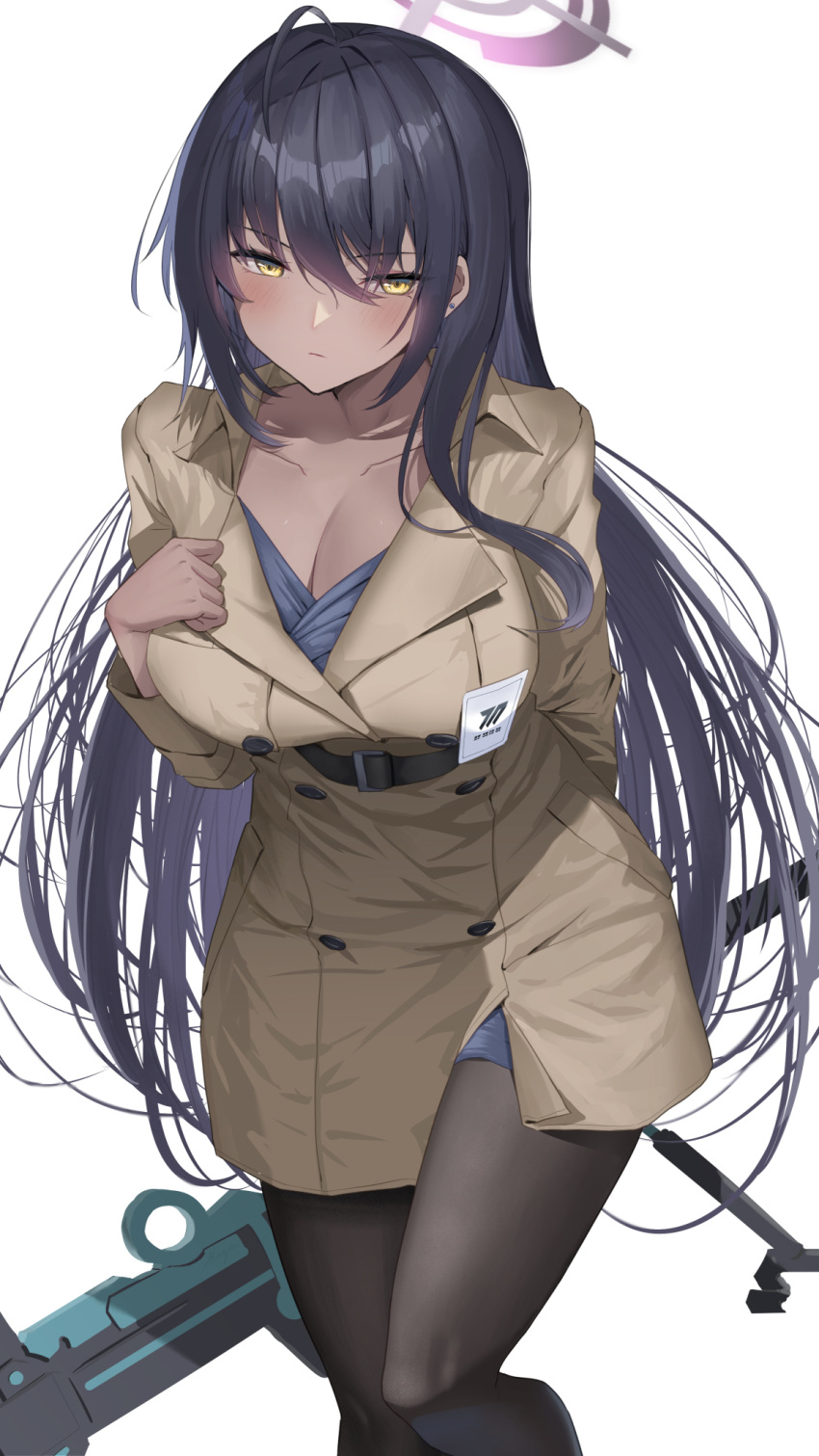 alternate_costume black_hair black_pantyhose blue_archive blush boys_anti_tank_rifle breasts brown_coat cleavage closed_mouth coat collarbone commentary dark-skinned_female dark_skin ear_piercing female halo highres karin_(blue_archive) large_breasts long_hair long_sleeves looking_at_viewer office_lady pantyhose piercing shougun_(chuckni1) simple_background solo thighs weapon white_background yellow_eyes