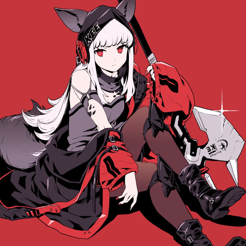 animal_ears arknights black_footwear black_pantyhose blunt_bangs boots breasts cleavage closed_mouth commentary detached_collar expressionless female fox_ears fox_tail frostleaf_(arknights) full_body glint grey_shirt halberd headphones highres hood implied_extra_ears jacket knee_guards long_hair looking_at_viewer material_growth medium_breasts nail_polish off-shoulder_shirt off_shoulder oripathy_lesion_(arknights) pantyhose polearm red_background red_eyes red_jacket red_nails shadow shirt simple_background sitting sleeves_past_wrists solo straight_hair tail ume_(yume_uta_da) weapon white_hair