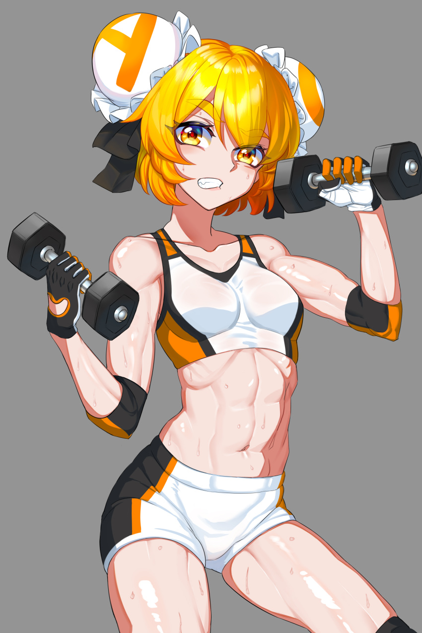 abs absurdres acfun acfun_girl bare_shoulders black_bow black_gloves blonde_hair bow breasts bun_cover clenched_teeth collarbone cowboy_shot double_bun dumbbell elbow_pads exercising female gloves grey_background hair_bun hairbow hands_up highres holding_dumbbell knee_pads lyon5 muscular muscular_female navel short_hair short_shorts shorts small_breasts solo sports_bra stomach sweat teeth thick_eyebrows two-tone_gloves v-shaped_eyebrows weightlifting wet wet_clothes white_gloves white_shorts white_sports_bra yellow_eyes