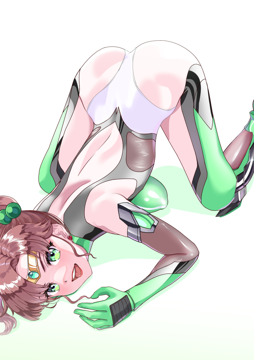 absurdres arion_canvas ass bishoujo_senshi_sailor_moon bodysuit breasts brown_hair exercising female gloves green_eyes highres kino_makoto large_breasts looking_at_viewer magical_girl ponytail sailor_jupiter skin_tight smile solo