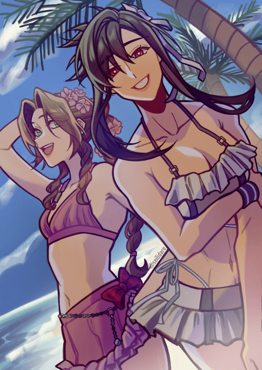 2girls absurdres aerith_gainsborough aerith_gainsborough_(pink_mermaid) beach bikini bikini_skirt black_hair blue_sky bow braid braided_ponytail breasts brown_hair cleavage cloud commentary day final_fantasy final_fantasy_vii final_fantasy_vii_remake flat_chest flower frilled_bikini frills green_eyes grin hair_flower hair_ornament highleg highleg_bikini highres large_breasts long_hair looking_at_viewer microskirt miniskirt multiple_girls ocean outdoors palm_tree red_bikini red_bow red_eyes seilidare sidelocks skirt sky smile swimsuit tifa_lockhart tifa_lockhart_(shining_spirit) tree white_bikini