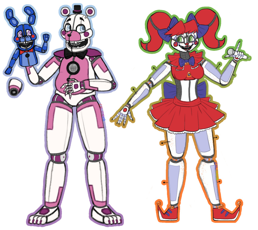 alpha_channel animatronic anthro bear blue_eyes bottomwear caloxya circus_baby_(fnaf) clothing clown dress eye_contact fangs female five_nights_at_freddy's funtime_freddy_(fnafsl) green_eyes group hair hi_res humanoid lagomorph leporid looking_at_another machine makeup male mammal puppet_bonnie_(fnafsl) purple_eyes rabbit red_clothing red_dress red_hair robot scottgames sister_location skirt teeth trio twintails two_piece