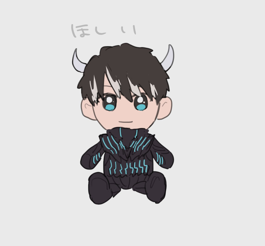 1boy aged_down armor bad_id bad_twitter_id bbbb_fex black_armor black_jacket black_tail blue_eyes brown_hair chibi demon_boy demon_horns demon_tail eyebrows fusion glowing glowing_armor highres horns igarashi_ikki jacket kamen_rider kamen_rider_revice male_focus pink_shirt possessed shirt smile spoilers stuffed_toy tail vice_(kamen_rider_revice) weapon white_hair white_horns