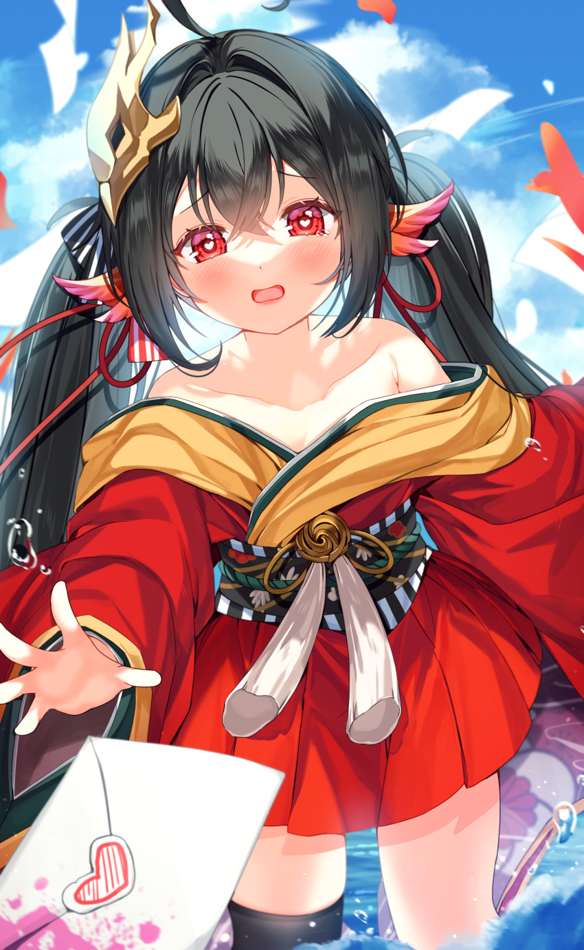 absurdres azur_lane bare_shoulders bird_mask black_hair blue_sky blush commentary_request day envelope feather_hair_ornament feathers female hair_between_eyes hair_ornament hair_ribbon hand_up heart heart-shaped_pupils highres japanese_clothes kimono long_hair long_sleeves looking_at_viewer love_letter mask mask_on_head off_shoulder open_mouth outdoors reaching red_eyes red_kimono ribbon sayan single_thighhigh skindentation sky solo symbol-shaped_pupils taihou-chan_(azur_lane) tearing_up tears thighhighs twintails unhappy very_long_hair wide_sleeves