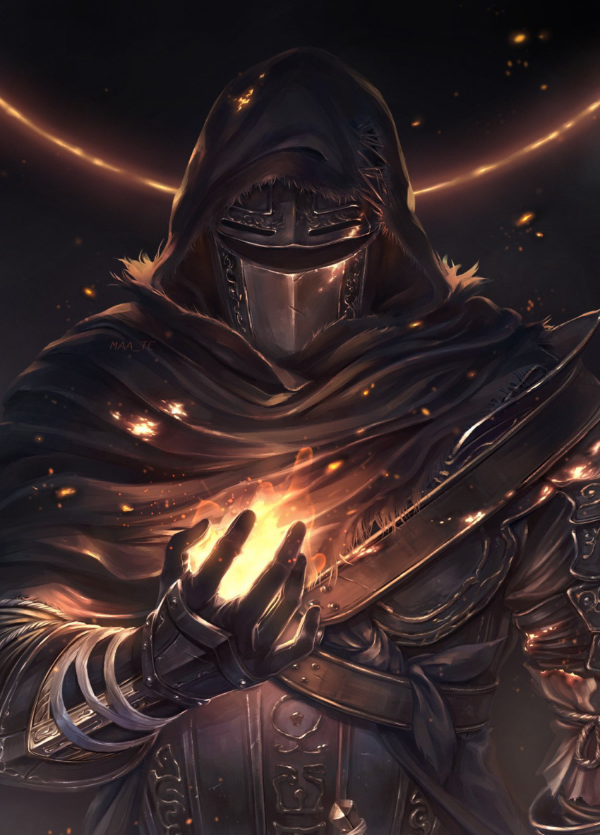 1other ambiguous_gender armor ashen_one_(dark_souls_3) brown_cloak cloak dark_souls_(series) dark_souls_iii eclipse embers fire full_armor gauntlets hand_up helmet highres hood hood_up hooded_cloak knight maa_tc shoulder_armor simple_background visor_(armor)