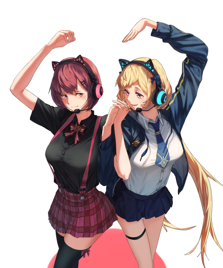 2girls absurdres black_legwear black_shirt blonde_hair blue_jacket blue_skirt breasts chosen_one's_archpriestess_veronica feet_out_of_frame guardian_tales hand_up headphones highres hong_do idol idol_captain_eva jacket long_hair looking_at_another looking_to_the_side medium_breasts multiple_girls necktie official_alternate_costume open_clothes open_mouth pink_eyes red_eyes red_hair shirt short_hair simple_background skirt smile thighhighs