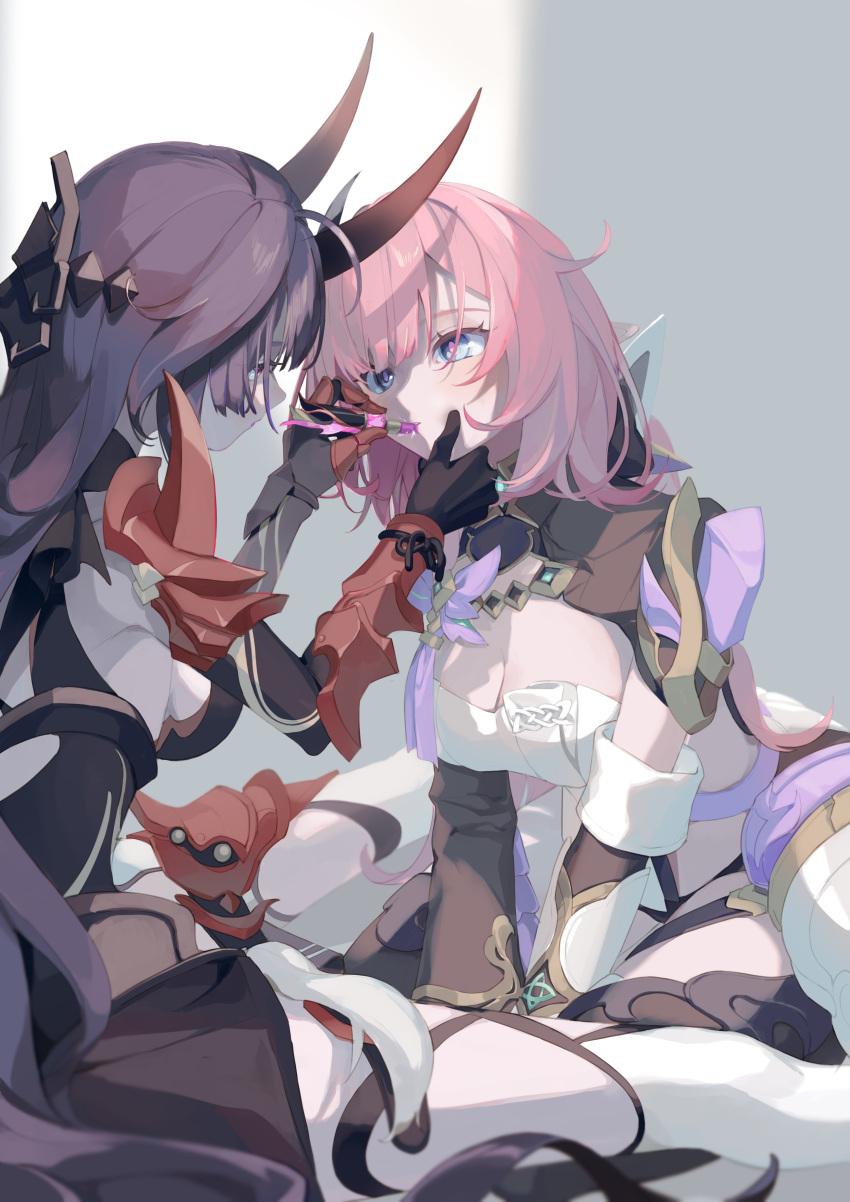 2girls absurdres applying_makeup armor breasts cleavage commentary_request detached_sleeves elbow_gloves elysia_(honkai_impact) elysia_(miss_pink_elf)_(honkai_impact) faulds gloves hair_ornament hands_on_another's_face highres honkai_(series) honkai_impact_3rd horns large_breasts leotard lipstick long_hair looking_at_another makeup multiple_girls pink_hair pink_lips pointy_ears purple_hair raiden_mei raiden_mei_(herrscher_of_thunder) roena shoulder_armor thighhighs yuri