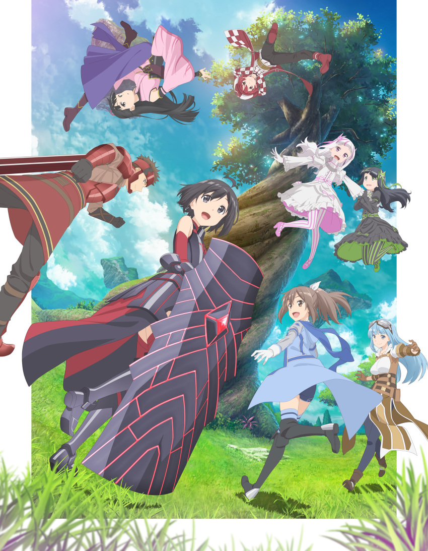 2boys 6+girls absurdres ahoge armor black_armor black_dress black_eyes black_hair blue_eyes blue_hair blue_scarf blue_sky blunt_bangs blurry blurry_foreground boots breastplate brown_hair cloud day detached_sleeves dress dutch_angle floating_island gloves goggles goggles_on_head grass green_eyes hakama hakama_skirt highres hime_cut holding holding_shield itai_no_wa_iya_nano_de_bougyoryoku_ni_kyokufuri_shitai_to_omoimasu iz_(bofuri) japanese_clothes kanade_(bofuri) kasumi_(bofuri) key_visual kuromu_(bofuri) long_hair maple_(bofuri) may_(bofuri) multiple_boys multiple_girls official_art outdoors pantyhose promotional_art purple_eyes red_hair red_sleeves sally_(bofuri) scarf shield short_hair skirt sky striped_clothes striped_pantyhose thigh_boots thighhighs tree vertical-striped_clothes vertical-striped_pantyhose waist_cape waistcoat white_dress white_gloves white_hair yui_(bofuri)