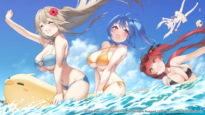 4girls anchorage_(azur_lane) azur_lane banana_boat bare_shoulders bikini bird black_bikini blonde_hair blue_bikini blue_hair blue_sky blush breasts chick cleavage closed_eyes collarbone eyewear_on_head hammann_(azur_lane) hammann_(rebellious_summer)_(azur_lane) highres honolulu_(azur_lane) honolulu_(summer_accident?!)_(azur_lane) innertube large_breasts long_hair manjuu_(azur_lane) multiple_girls navel ocean official_alternate_costume official_art open_mouth outdoors pokachu ponytail purple_eyes red_eyes red_hair sidelocks sky smile st._louis_(azur_lane) sunglasses swim_ring swimsuit thighs twintails very_long_hair yellow_bikini