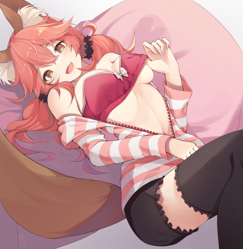 absurdres animal_ear_fluff animal_ears black_shorts black_thighhighs bow bow_bra bra breasts brown_eyes commentary fate/extra fate_(series) female fox_ears fox_tail hair_ornament hair_scrunchie highres korean_commentary long_hair long_sleeves looking_at_viewer lying medium_breasts oerba_yun_fang official_alternate_costume on_back open_mouth pillow pink_hair red_bra scrunchie short_shorts shorts skin_fang smile solo striped_clothes striped_sweater sweater tail tamamo_(fate) tamamo_no_mae_(fate/extra) tamamo_no_mae_(spring_casual)_(fate) thighhighs twintails underwear ziro_(zirorong)