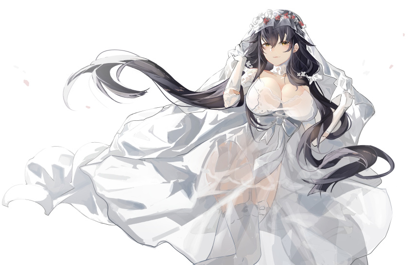 absurdres arms_up azuma_(azur_lane) azuma_(lily-white_longing)_(azur_lane) azur_lane black_hair breasts bridal_veil chinese_commentary cleavage closed_mouth collarbone commentary dress elbow_gloves feet_out_of_frame female flower garter_straps gloves hair_flower hair_ornament highres huge_breasts kkk_dami light_blush lips long_hair looking_at_viewer low_twintails official_alternate_costume petals solo standing thighhighs twintails veil wedding_dress white_background white_dress white_garter_straps white_gloves white_thighhighs white_veil yellow_eyes