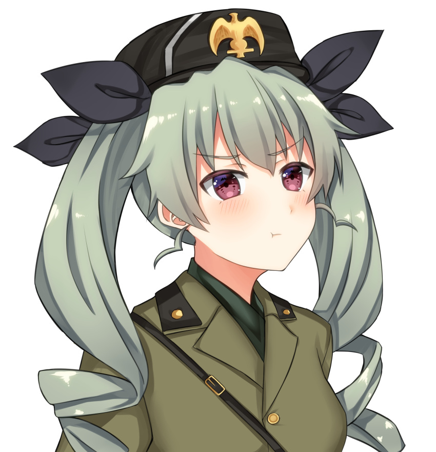 :t anchovy_(girls_und_panzer) bad_id bad_pixiv_id belt benito_mussolini benito_mussolini_(cosplay) beret black_hat black_ribbon closed_mouth commentary cosplay dress_shirt drill_hair english_commentary female frown girls_und_panzer green_hair grey_jacket hair_ribbon hat highres insignia jacket long_hair looking_at_viewer military military_hat military_uniform red_eyes ribbon sam_browne_belt shirt simple_background solo starguard twin_drills twintails uniform upper_body white_background