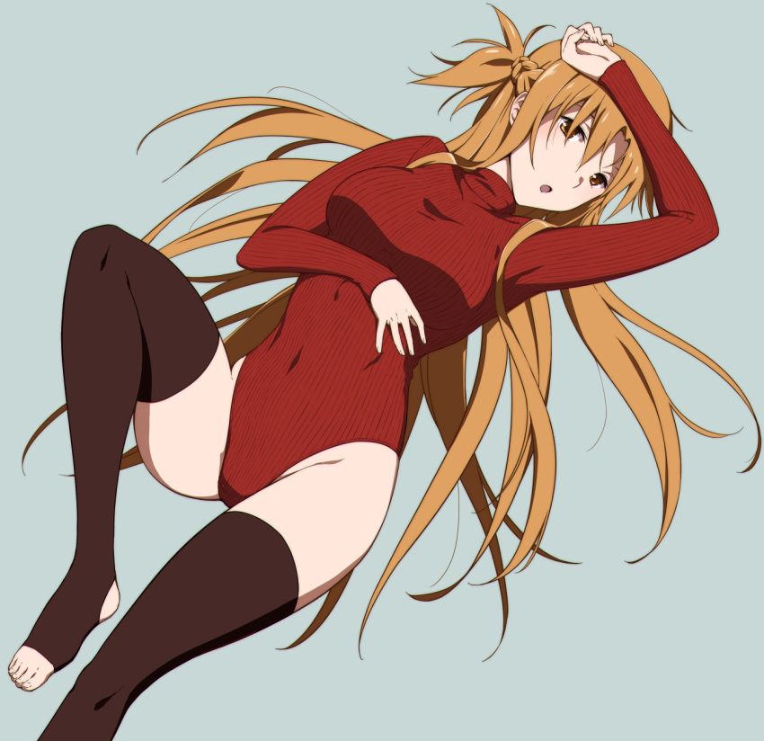 :o arm_on_own_head arm_under_breasts asuna_(sao) braid breasts brown_eyes brown_hair brown_thighhighs female foot_out_of_frame groin heattech_leotard highres knee_up large_breasts leotard leotard_sweater long_hair long_sleeves lying no_shoes on_back open_mouth puge red_leotard red_sweater ribbed_leotard sleeved_leotard solo sweater sword_art_online thighhighs toeless_legwear turtleneck turtleneck_leotard very_long_hair