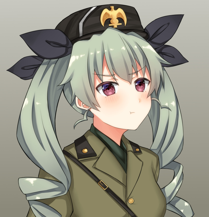 :t anchovy_(girls_und_panzer) bad_id bad_pixiv_id belt benito_mussolini benito_mussolini_(cosplay) beret black_hat black_ribbon closed_mouth commentary cosplay dress_shirt drill_hair english_commentary female frown girls_und_panzer green_hair grey_background grey_jacket hair_ribbon hat highres insignia jacket long_hair looking_at_viewer military military_hat military_uniform red_eyes ribbon sam_browne_belt shirt simple_background solo starguard twin_drills twintails uniform upper_body