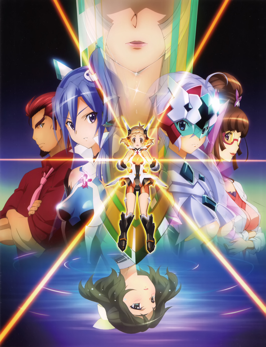 1boy 6+girls absurdres ahoge bike_shorts black_hair blue_hair bodysuit brown_hair butterfly_hair_ornament dual_persona eyebrows fine_(symphogear) glasses hair_ornament headphones helmet highres kazanari_genjuurou kazanari_tsubasa kohinata_miku lab_coat light_in_heart lipstick long_hair makeup multiple_girls necktie nefushutan_no_yoroi official_art one_side_up orange_eyes purple_eyes purple_hair red-framed_eyewear red_hair red_lips sakurai_ryouko scar scar_on_chest senki_zesshou_symphogear short_hair tachibana_hibiki_(symphogear) visor yukine_chris