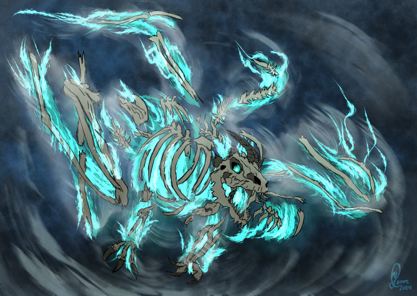 absurd_res ambiguous_gender bone dragon dyrth feral flying glowing glowing_body glowing_eyes hi_res magic mythological_creature mythological_scalie mythology scalie secrets_of_uncrom skeleton solo soul storm uncrom visha wind yenocwolf