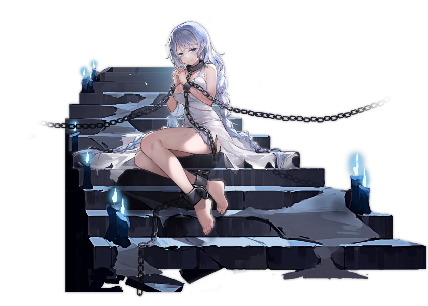 areola_slip avrora_(azur_lane) avrora_(shackled_saule)_(azur_lane) azur_lane bare_shoulders barefoot blue_eyes blush bondage bound braid breasts bruise candle chains cuffs dress dungeon feet female full_body grey_hair hair_ornament injury kaede_(yumesaki_kaede) large_breasts long_hair looking_at_viewer official_alternate_costume official_art own_hands_together shackles silk sitting solo spider_web stairs torn_clothes torn_dress transparent_background twin_braids very_long_hair white_dress