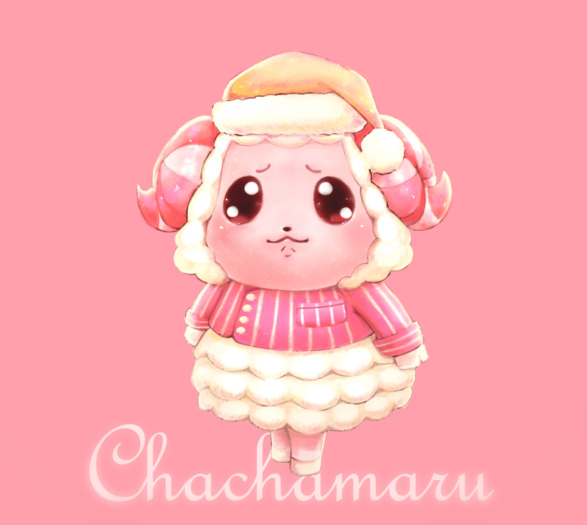 1boy absurdres animal_crossing blush character_name dom_(animal_crossing) fur_trim furry furry_male hat highres horns male_focus pajamas pink_background sanomi_pori sheep_boy sheep_horns solo